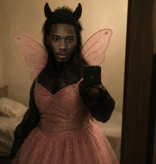 Black Horse Ansem in a pink dress with fairy wings taking a mirror selfie