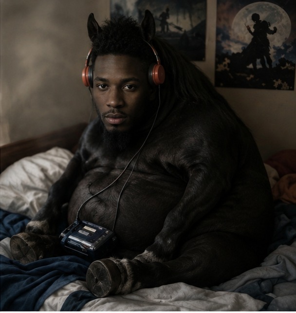Black Horse Ansem lounging in bed with orange headphones and a cassette player