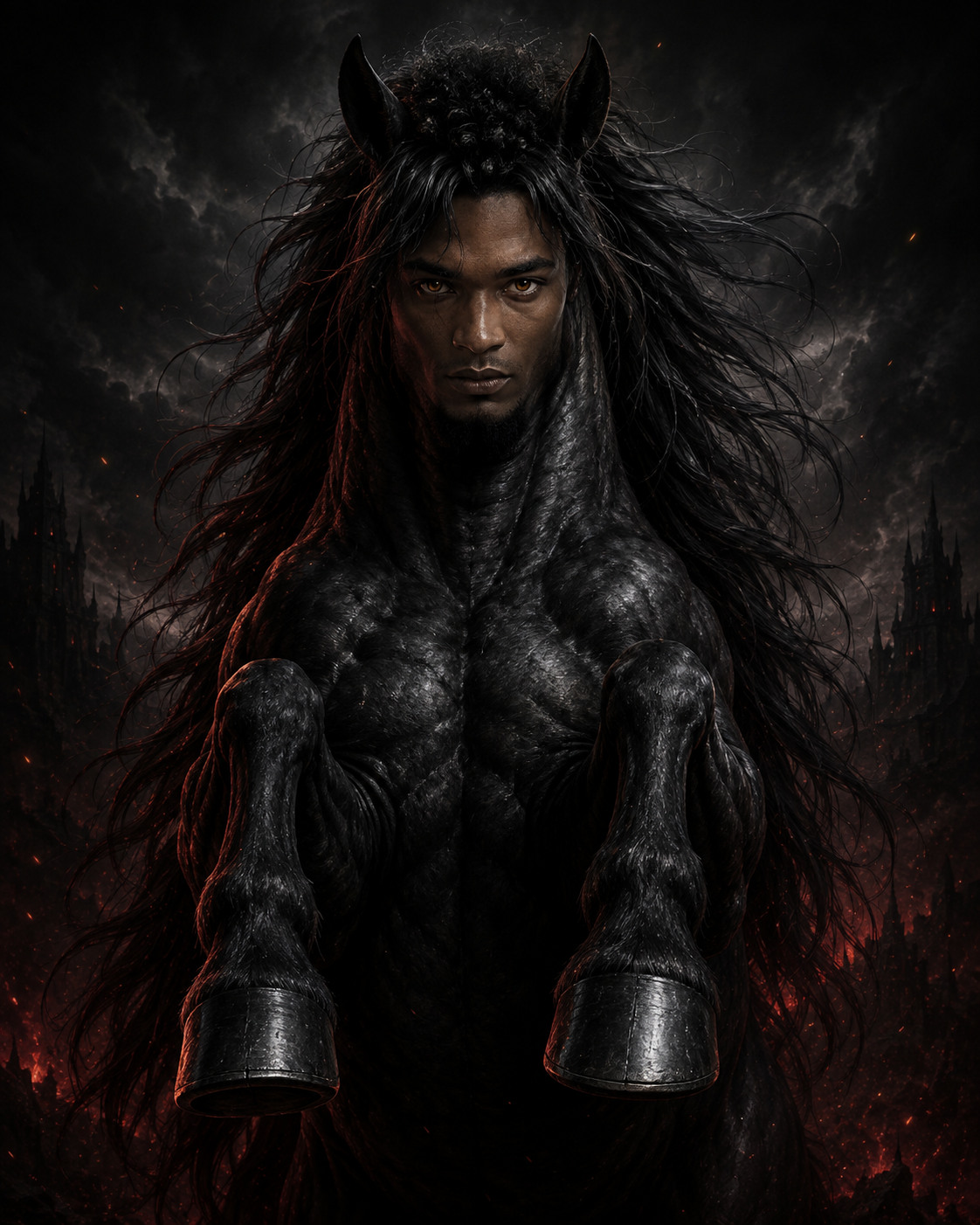 Black Horse Ansem, a towering black horse-man with glowing amber eyes and a wild black mane before a burning dark citadel