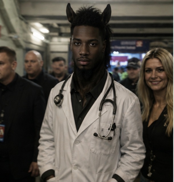 Black Horse Ansem in a doctor's coat walking through a crowd