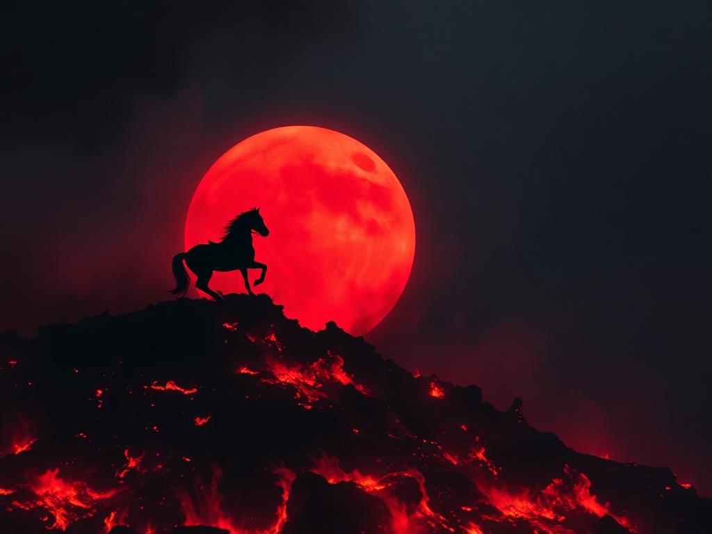 Black horse silhouette against a red moon